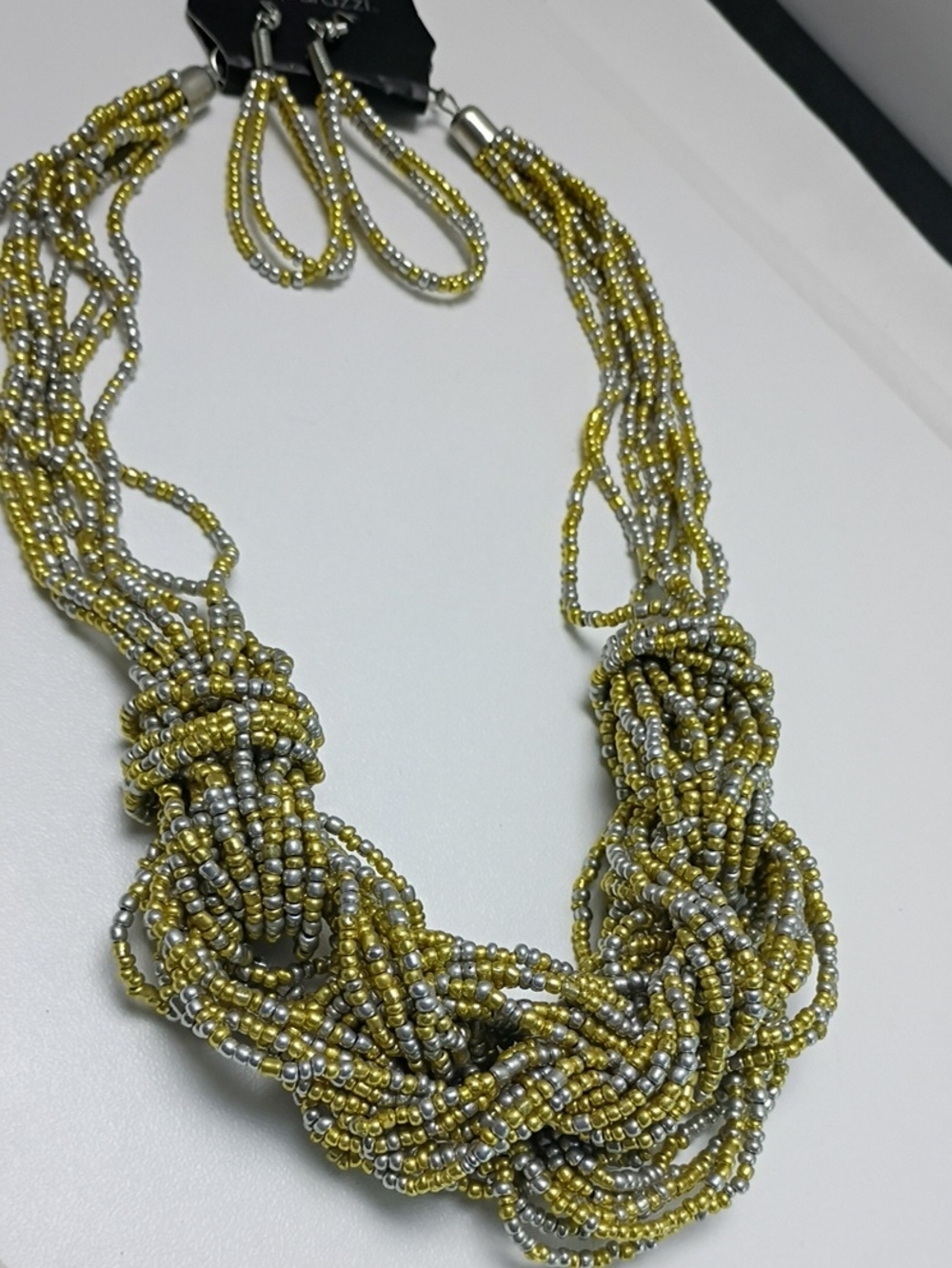 Beaded Multi-Strand Knot Necklace and Earrings - Gold & Silver
